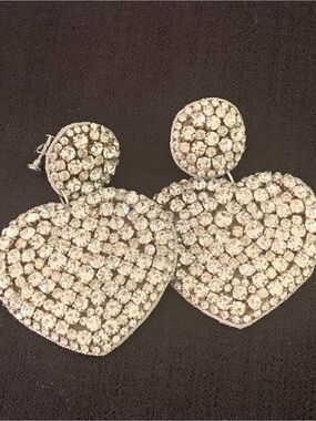 Rhinestone Heart Drop Clip Earrings - Clear Crystal Sparkle